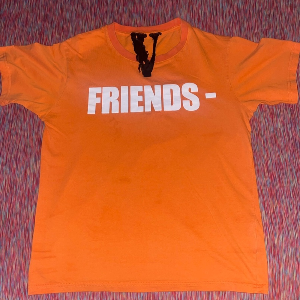 Kids large orange with white words vlone shirt